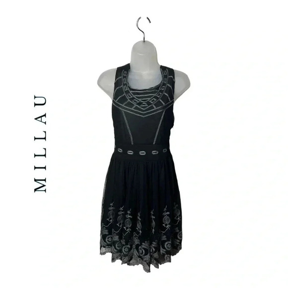 1412. MILLAU EMBROIDERED MESH MINI DRESS SIZE SMALL BLACK W/GRAY EMBROIDERY - Picture 1 of 9